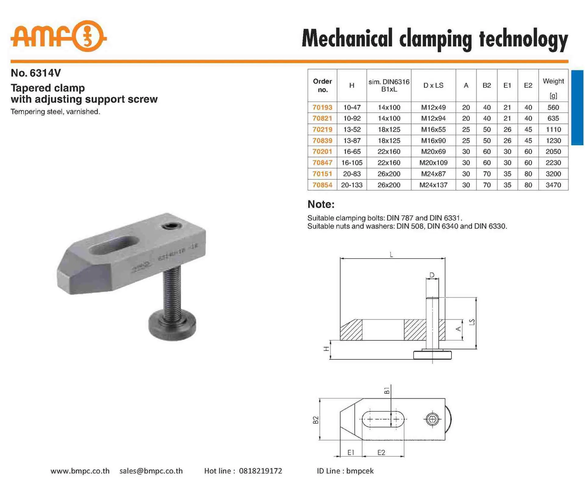 Plain clamp, Amf tapered clamp, แคล้มยึดแม่พิมพ์, Tapered clamp with adjusting support screw no. 6314V