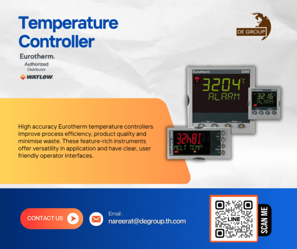 Temperature Controller High accuracy Eurotherm temperature controllers improve process efficiency, product quality and minimise waste. These feature-rich instruments offer versatility in application and have clear, user friendly operator interfaces.